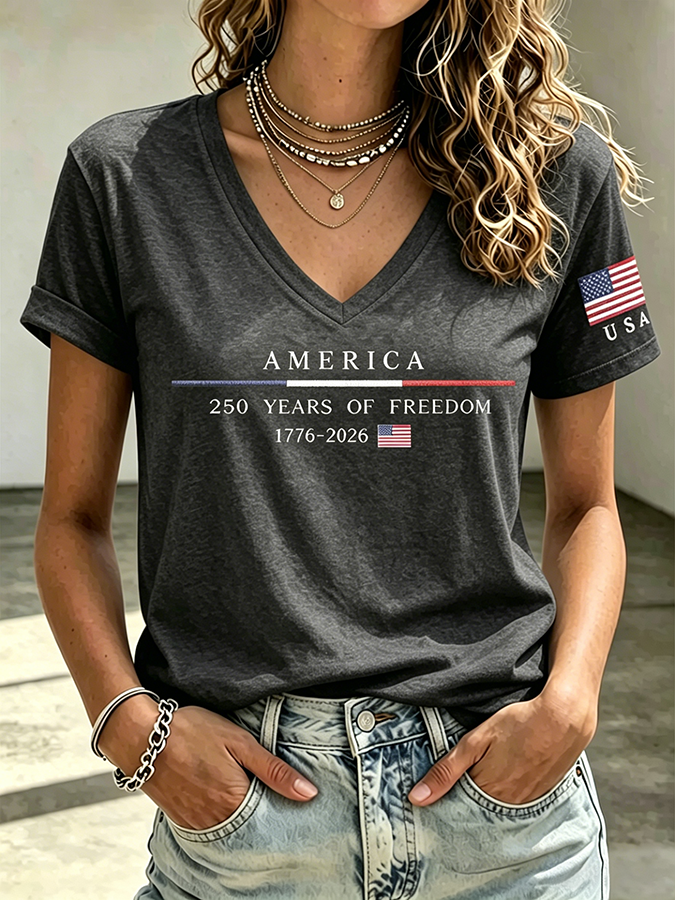 250Th Anniversary American Embroidery Commemorative V-Neck Short Sleeved T-Shirt