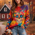 Women's Colorful Day Of The Dead Sugar Skull Floral Print Crew Neck Knit Sweater