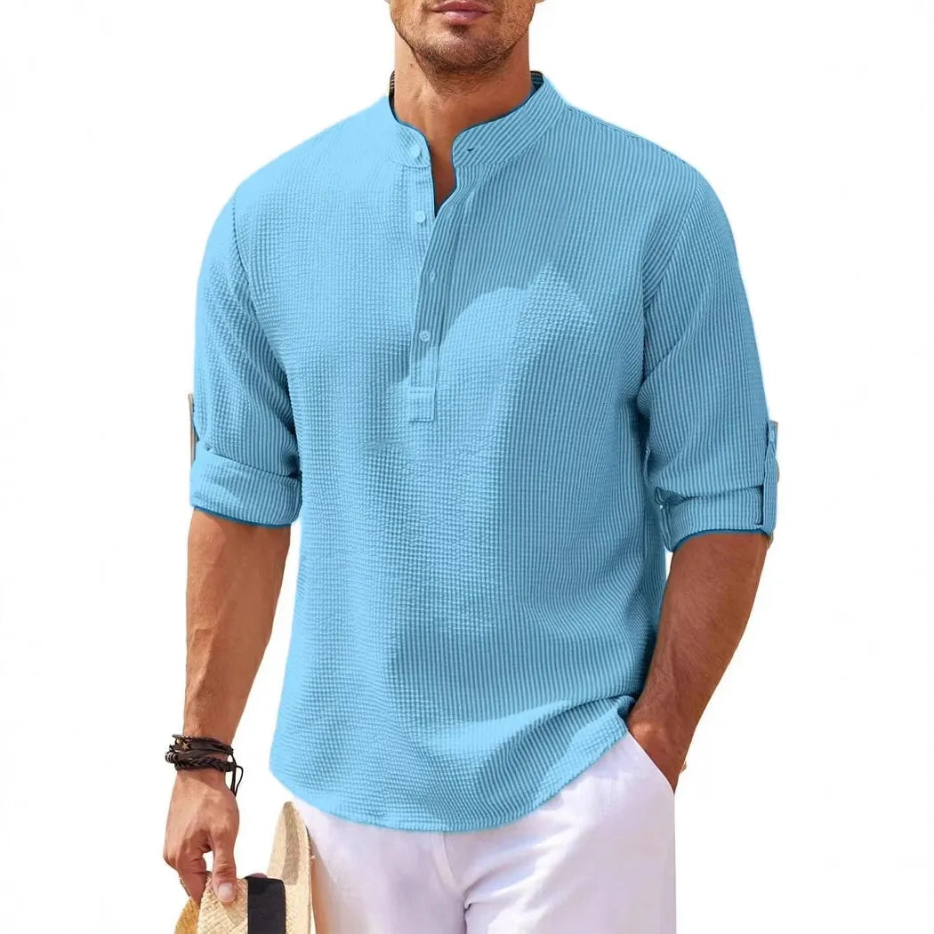 Men's Regular Fit Solid Color Waffle-knit Jacquard Long Sleeve Tee