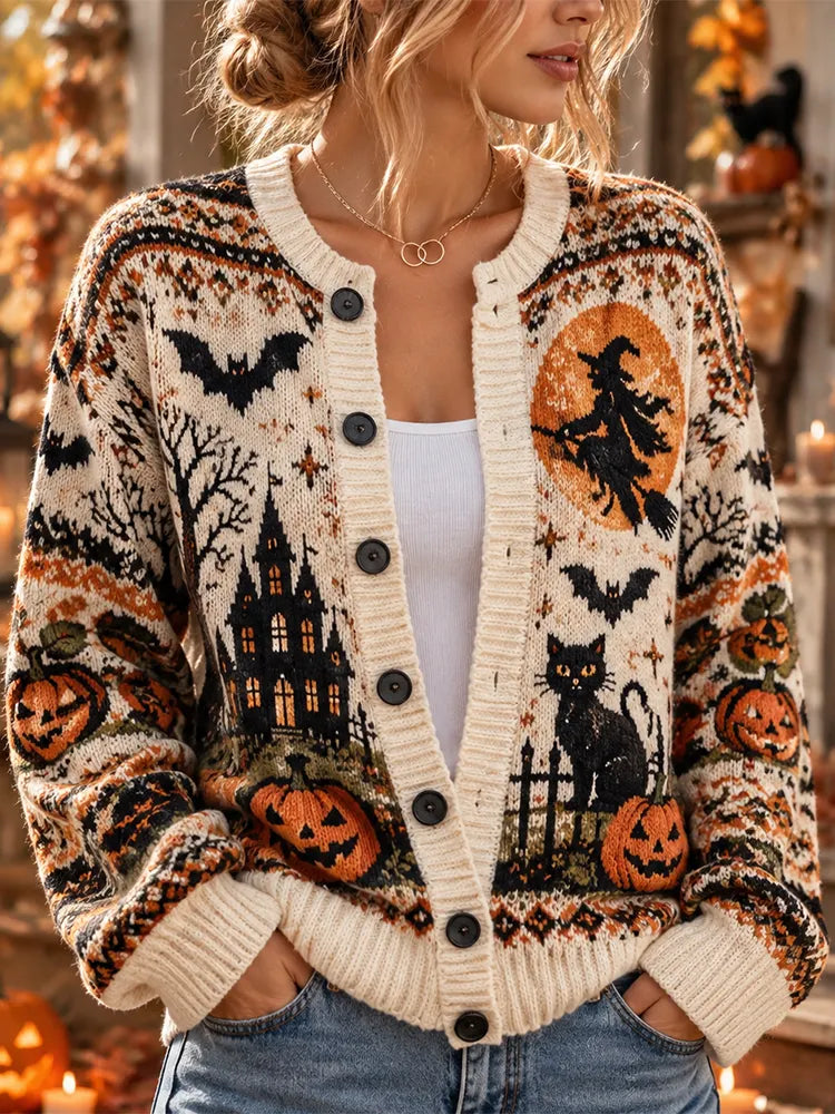 Women's Halloween Witch Moon Castle Pumpkin Cardigan
