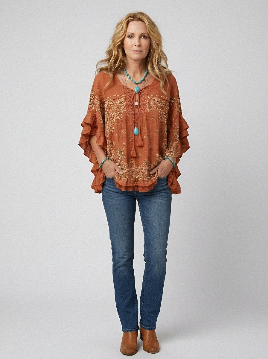 Women's Western Vintage Paisley Cactus Printed Ruffle Top