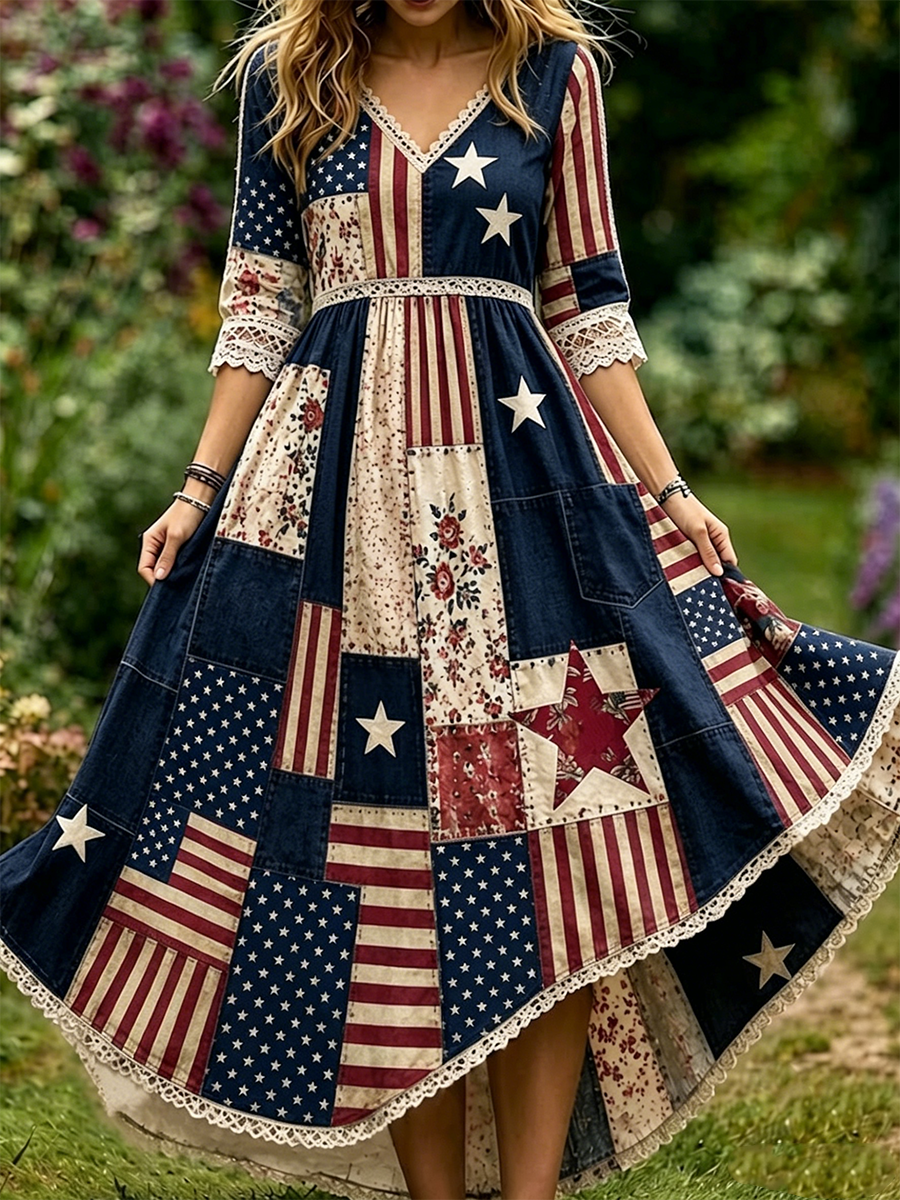 Women'S Retro Independence Day Faith Patch Plant Printed Casual V-Neck Dress