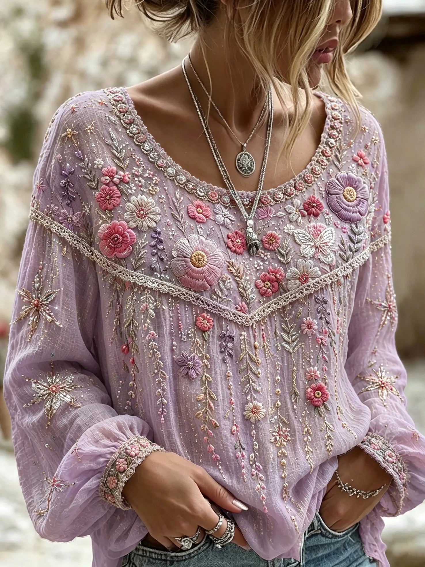 Women's Retro Floral Art Embroidered Linen Blend Round Neck Long Sleeve Tops