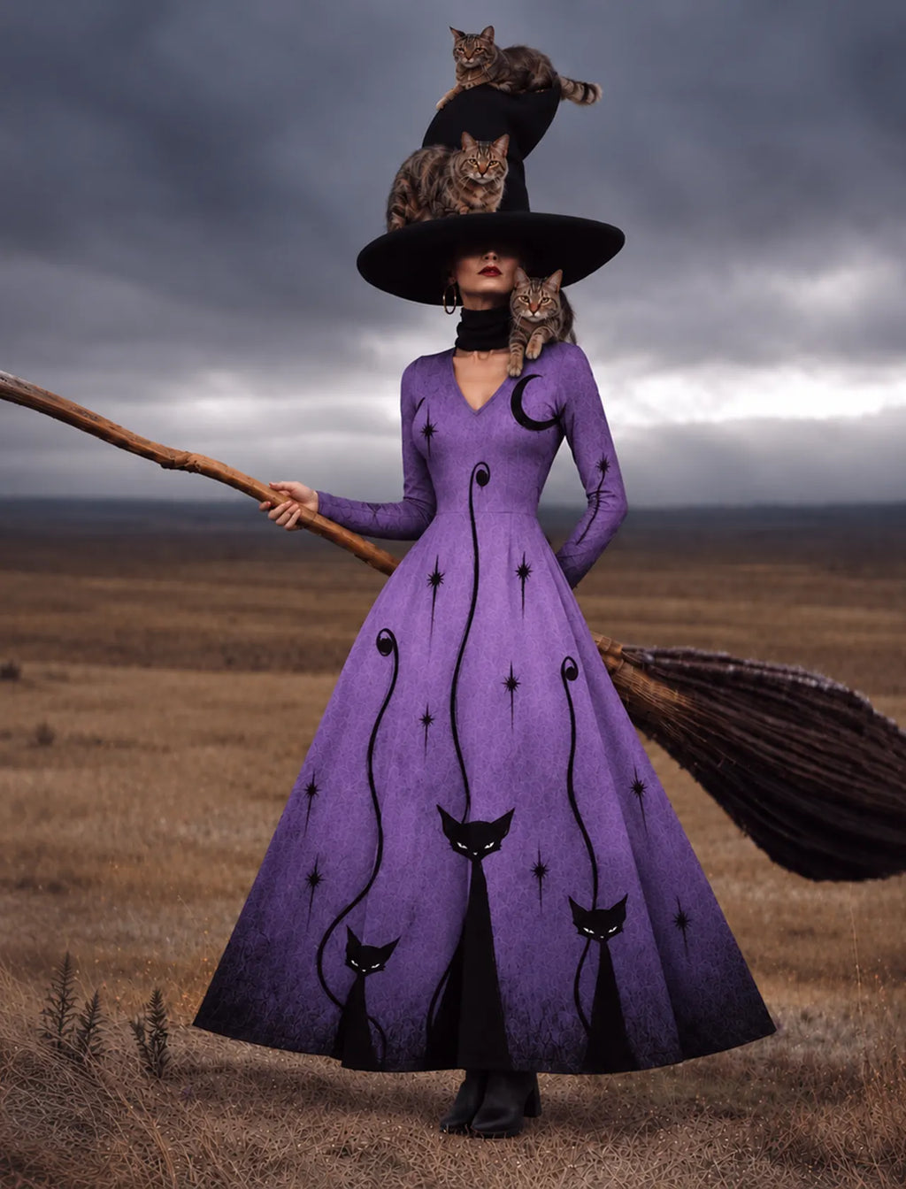 Women's Gothic Halloween Print V Neck Long Sleeve Maxi Dress – Halloween Costume