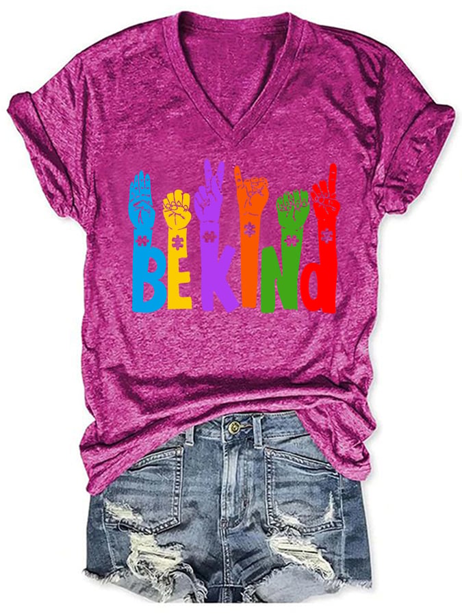 Women's Be Kind Print Autism Awareness V-Neck T-Shirt