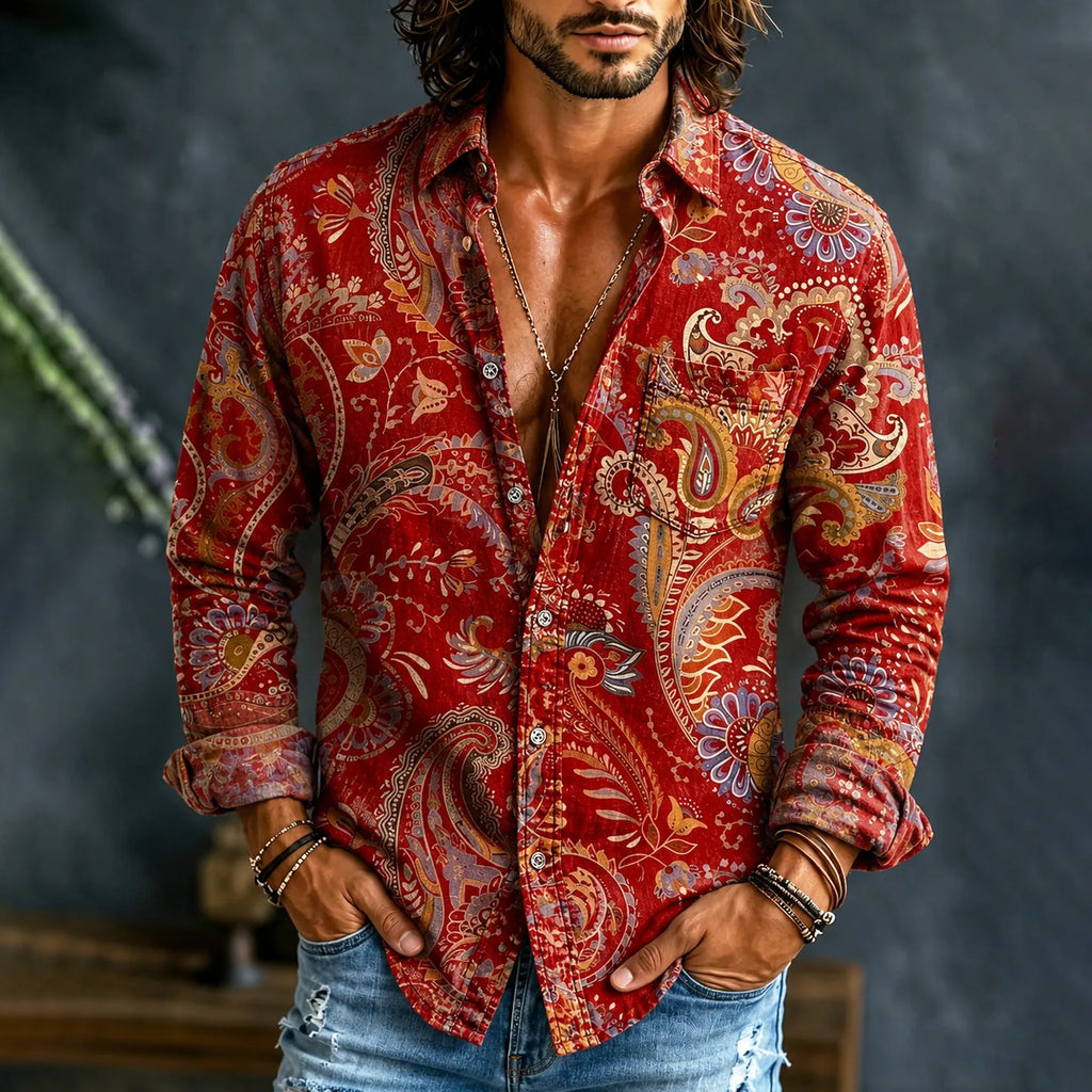 Men's Hippie Retro Abstract Tie Dye Art Print Linen Shirt