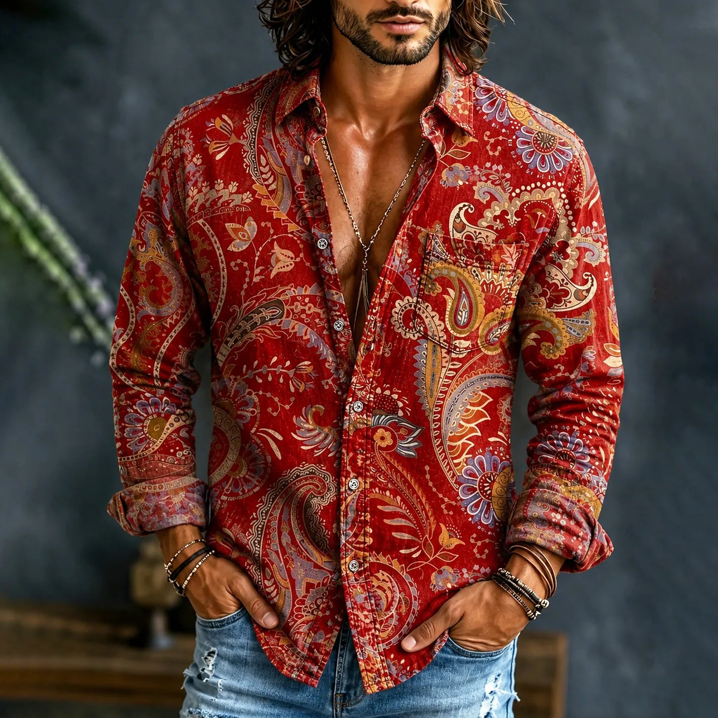 Men's Hippie Retro Abstract Tie Dye Art Print Linen Shirt