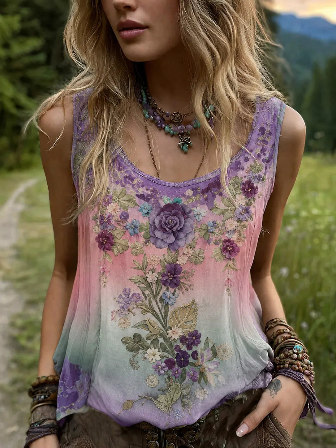 Vintage Classy Gradient Purple Lavender And Floral Embroidered Pattern Linen Tank Top