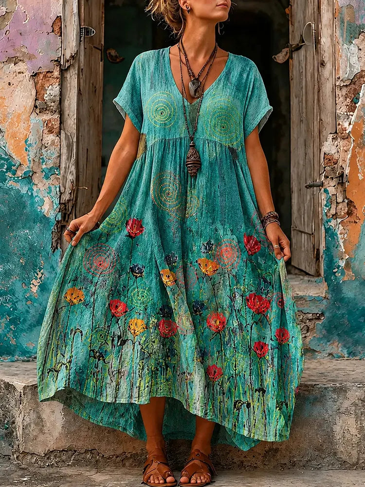 Women's Retro Hippie Floral Pattern Art Embroidered Linen Blend Maxi Dress