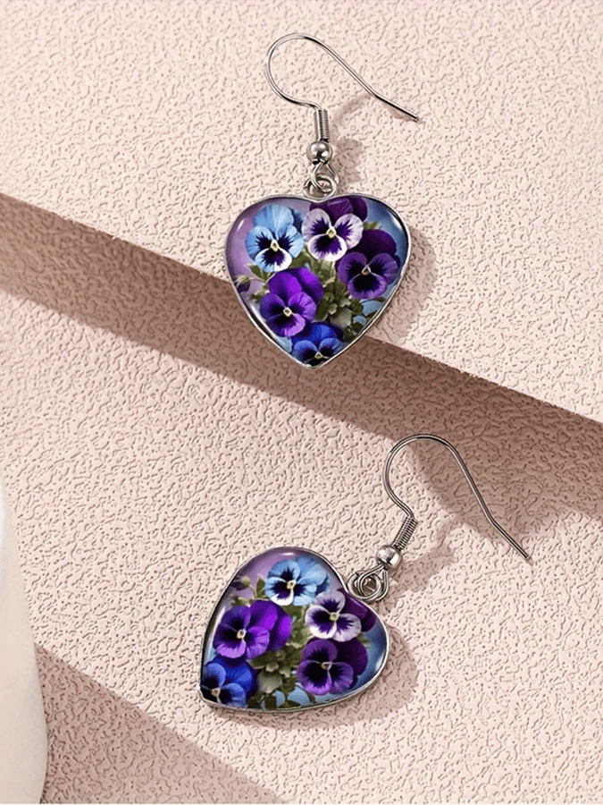 Purple Heart Pansy Design Earrings