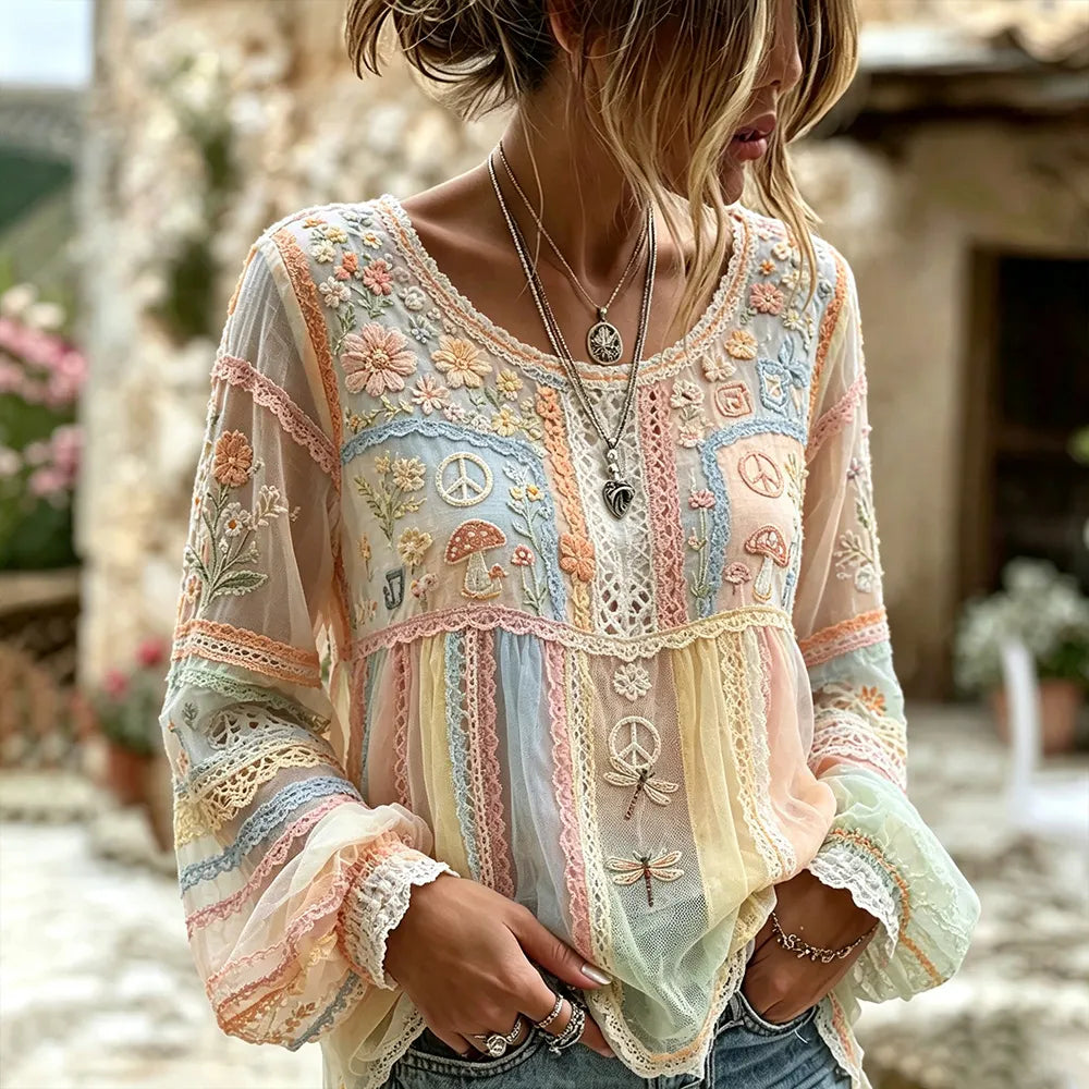 Women's Vintage Floral And Dragonfly Art Patchwork Cotton Linen Casual Long-sleeved Top