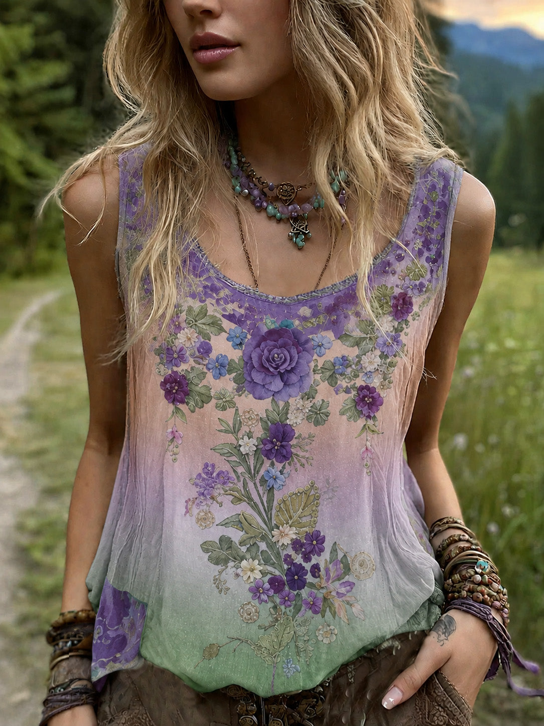 Vintage Classy Gradient Purple Lavender And Floral Embroidered Pattern Linen Tank Top