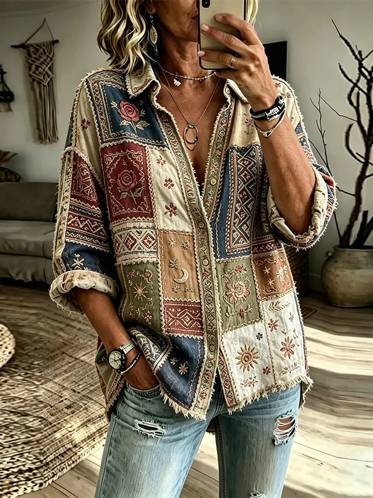 Women's Vintage Colorful Floral Art Patchwork Embroidered Linen Blend Comfortable Shirt