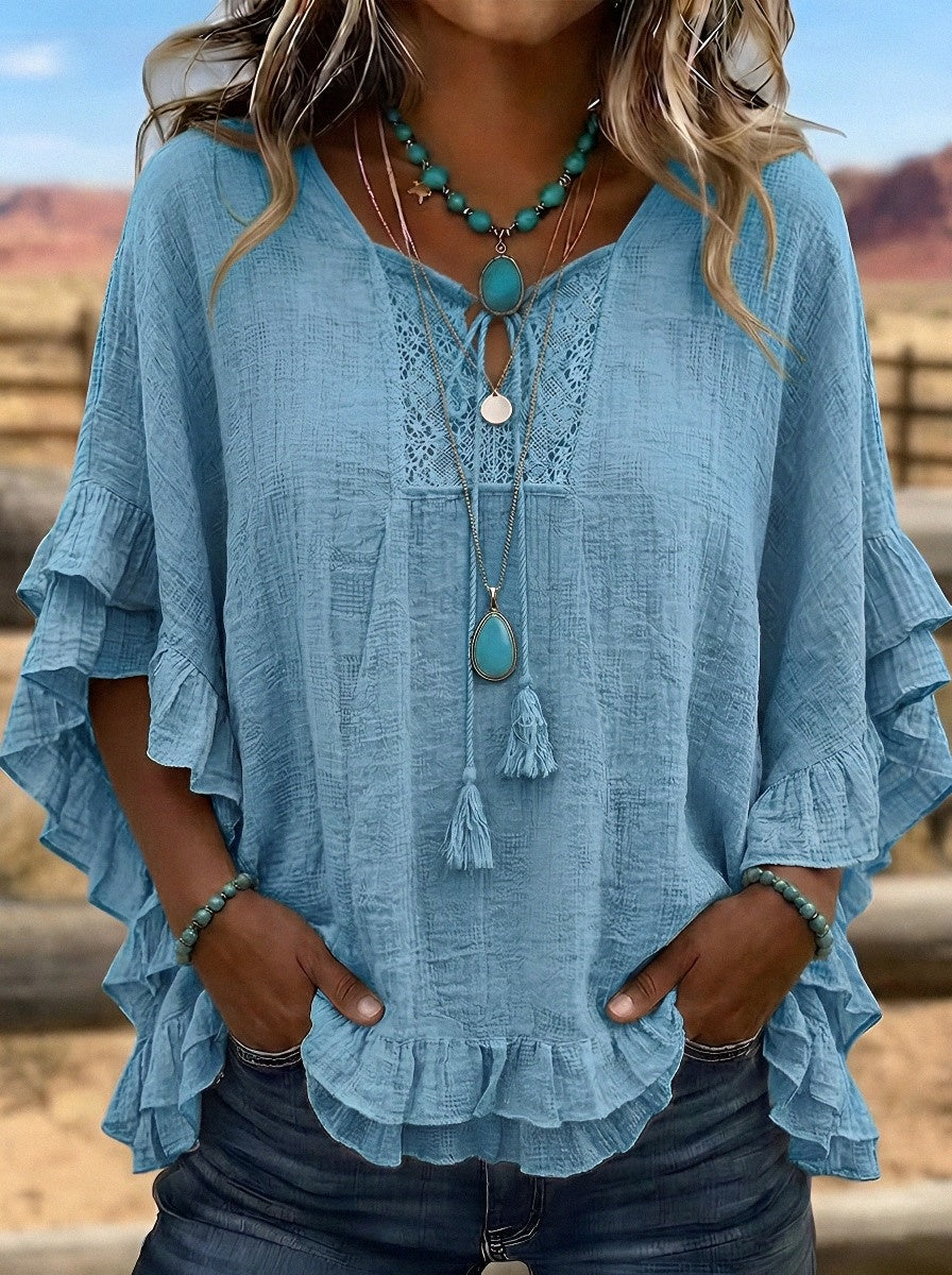 Women's Western Vintage Ruffle Lace-Trimmed Printed Top