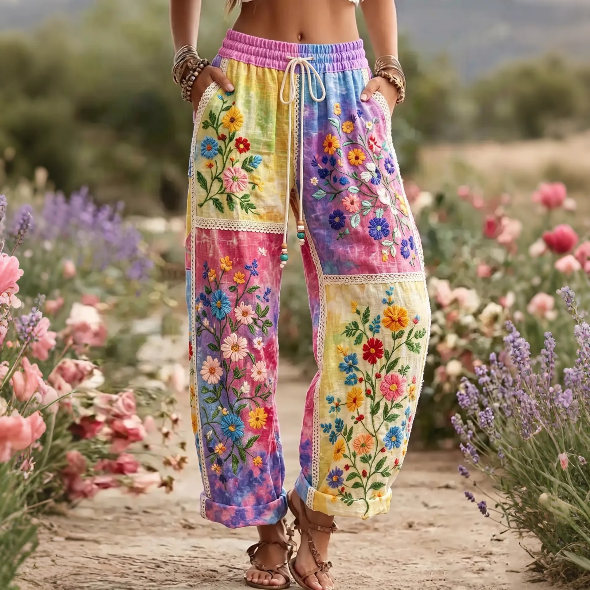 Women's Vintage Floral Art Cotton Linen Casual Pants