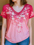 Women's Breast Cancer Awareness Floral Art V-Neck Short-Sleeve T-Shirt