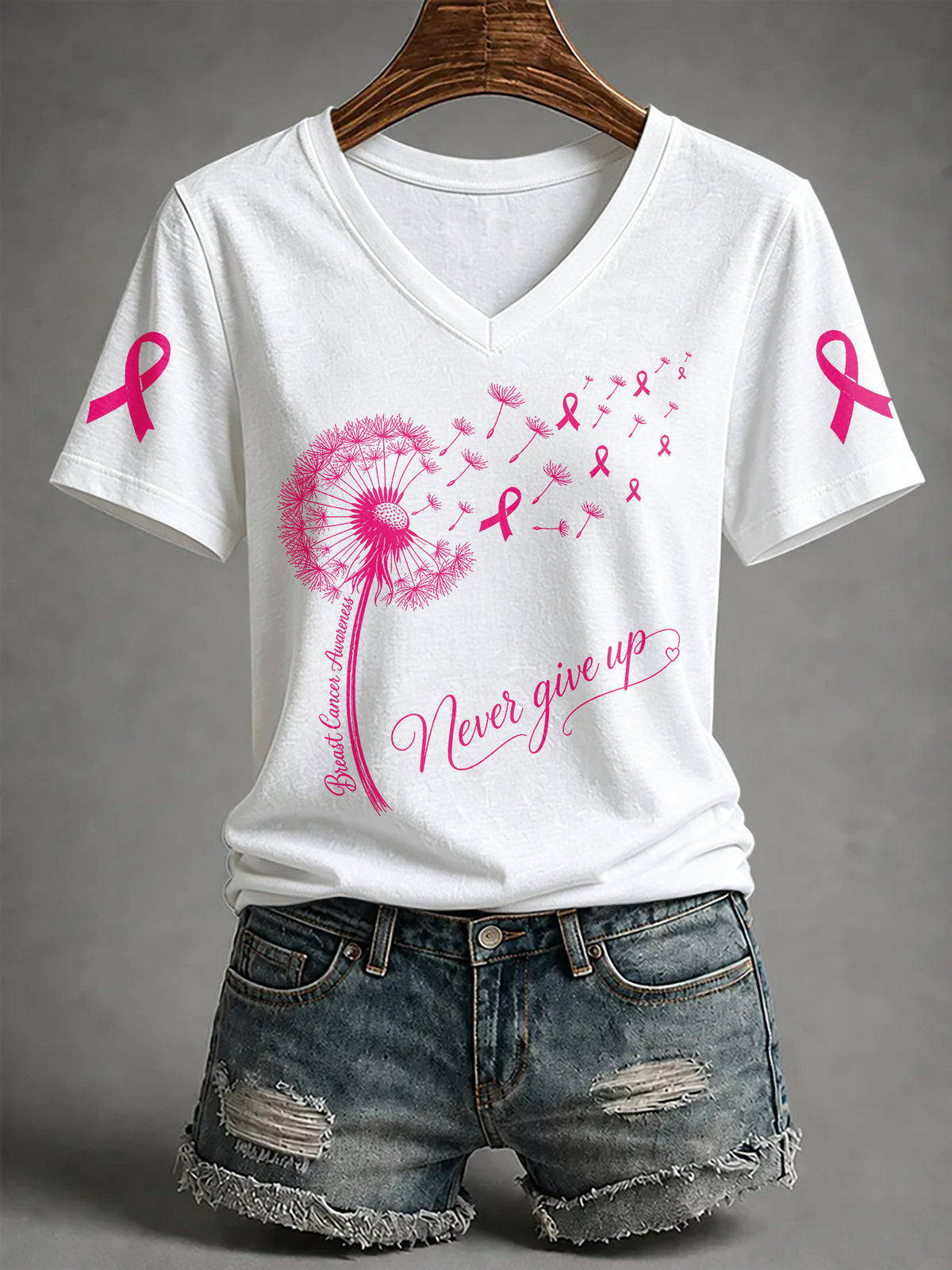 V-Neck Retro Breast Cancer Awareness Dandelion Never Give Up Pink Ribbon Print T-Shirt