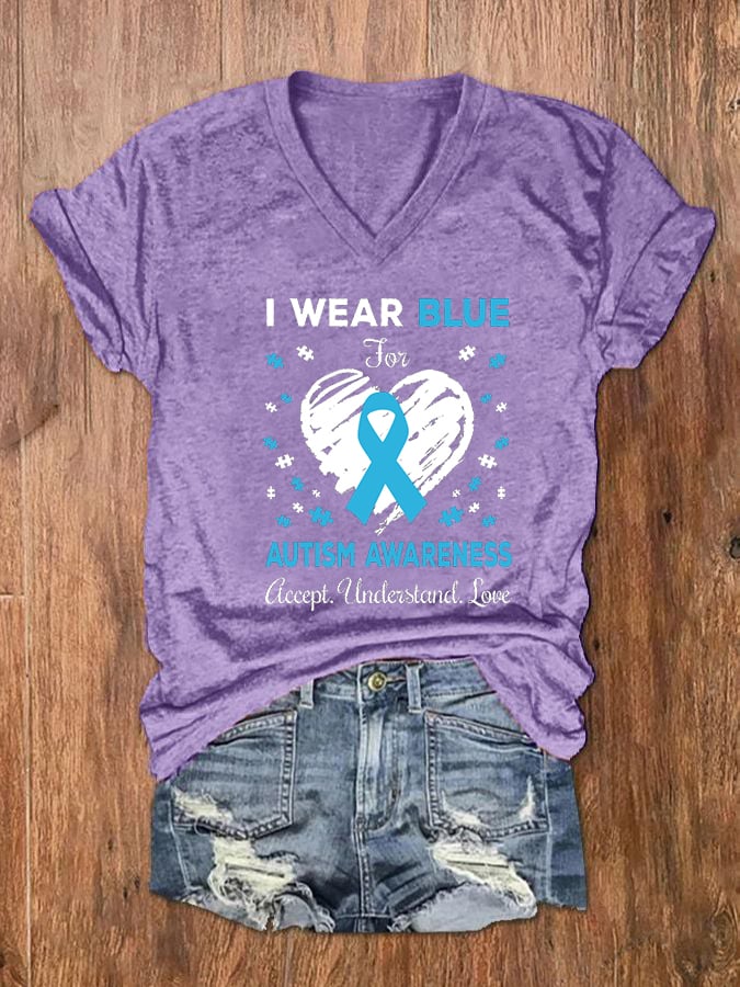 Women's I Wear Blue For Autism Awareness Accept Understand Love V-Neck T-Shirt