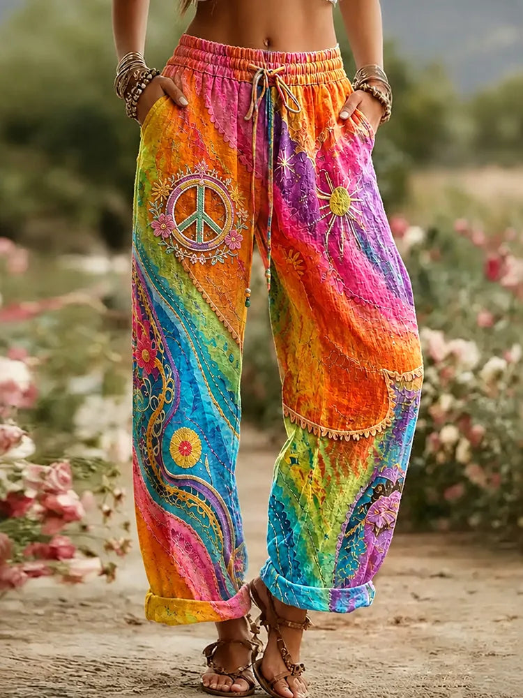 Women's Vintage Hippie Peace Floral Art Pattern Casual Linen Pants