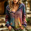 Women's Retro Hippie Star And Moon And Tree Of Life Gradient Print Zippered Hoodie