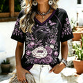 Women's Retro Cute Black Cat And Floral Pattern Casual T-shirt