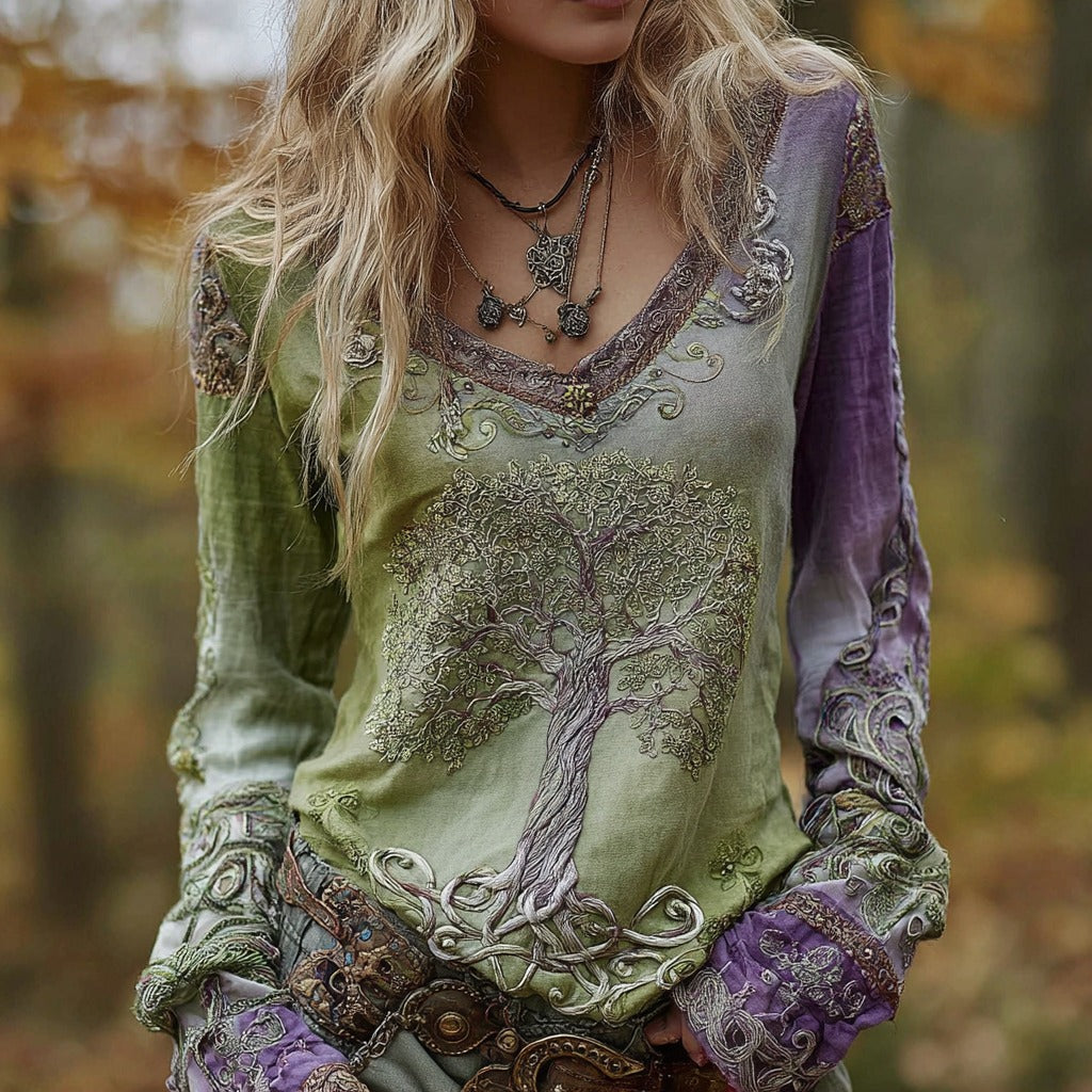 Women's Vintage Viking Tree Of Life Pattern Casual Long-sleeve T-shirt