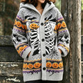 Women's Halloween Skeleton Pumpkin Skull Print Hooded Cardigan Sweater