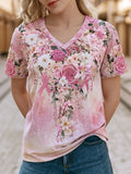 Women's Breast Cancer Awareness Floral Art V-Neck Short-Sleeve T-Shirt