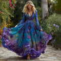 Women's Vintage Rose Floral Gradient Pattern V-neck Long-sleeved Dress