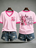 V-Neck Retro Breast Cancer Awareness Pink Butterfly Ribbon Faith Over Fear Print T-Shirt