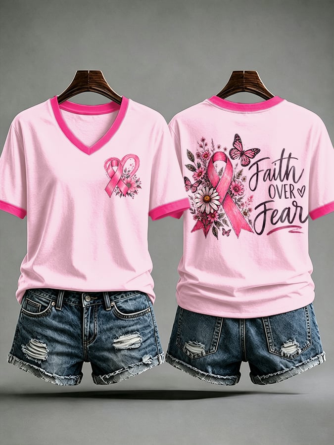 V-Neck Retro Breast Cancer Awareness Pink Butterfly Ribbon Faith Over Fear Print T-Shirt