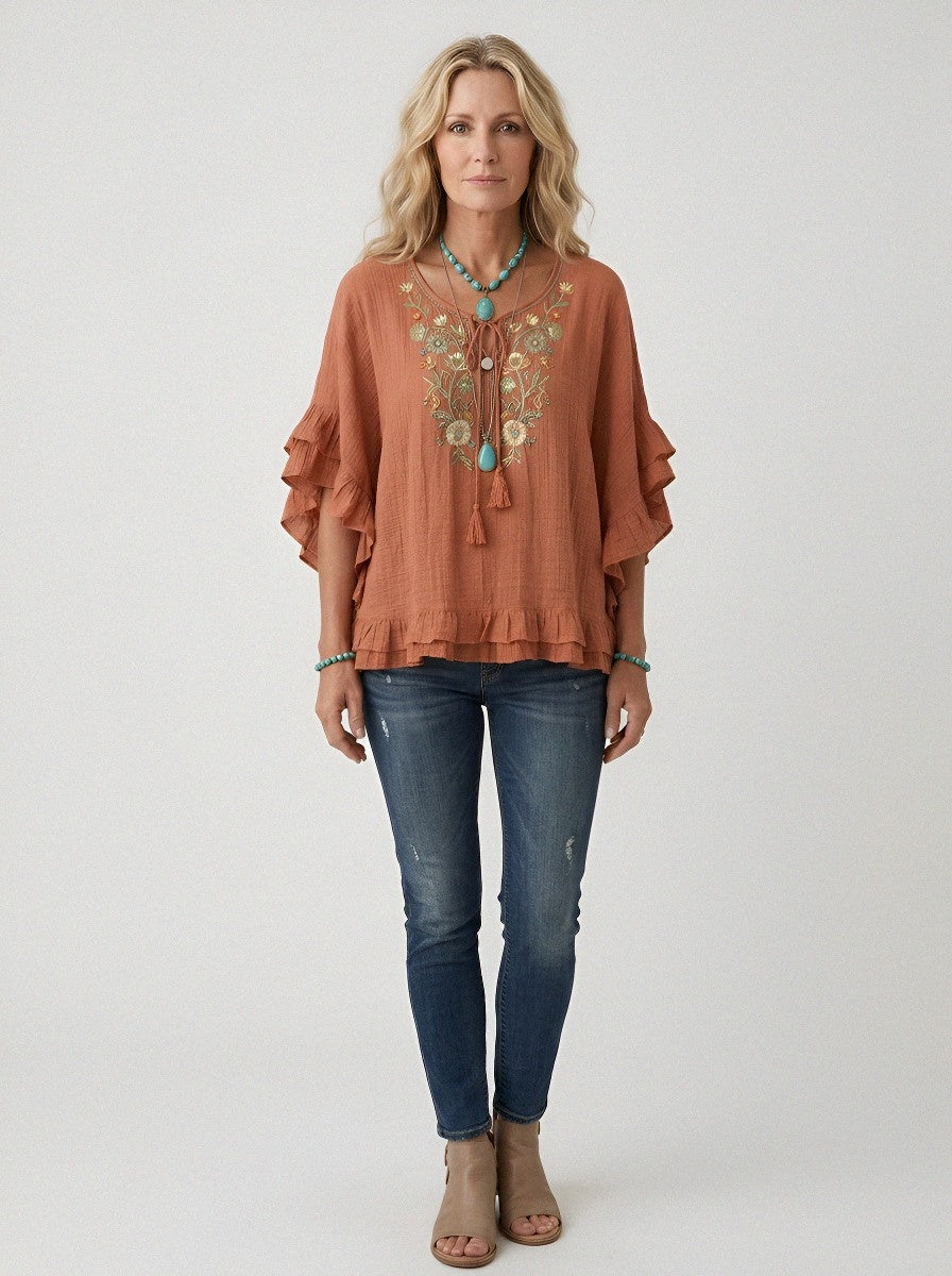 Women's Western Vintage Floral Embroidered Ruffle Printed Top