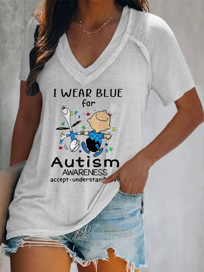 V-neck Autism Awareness I Wear Blue For Autism Print T-Shirt