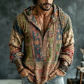 Men's Vintage Floral  Patchwork Embroidered Art Print Flowy Linen Blend Casual  Hooded Shirt