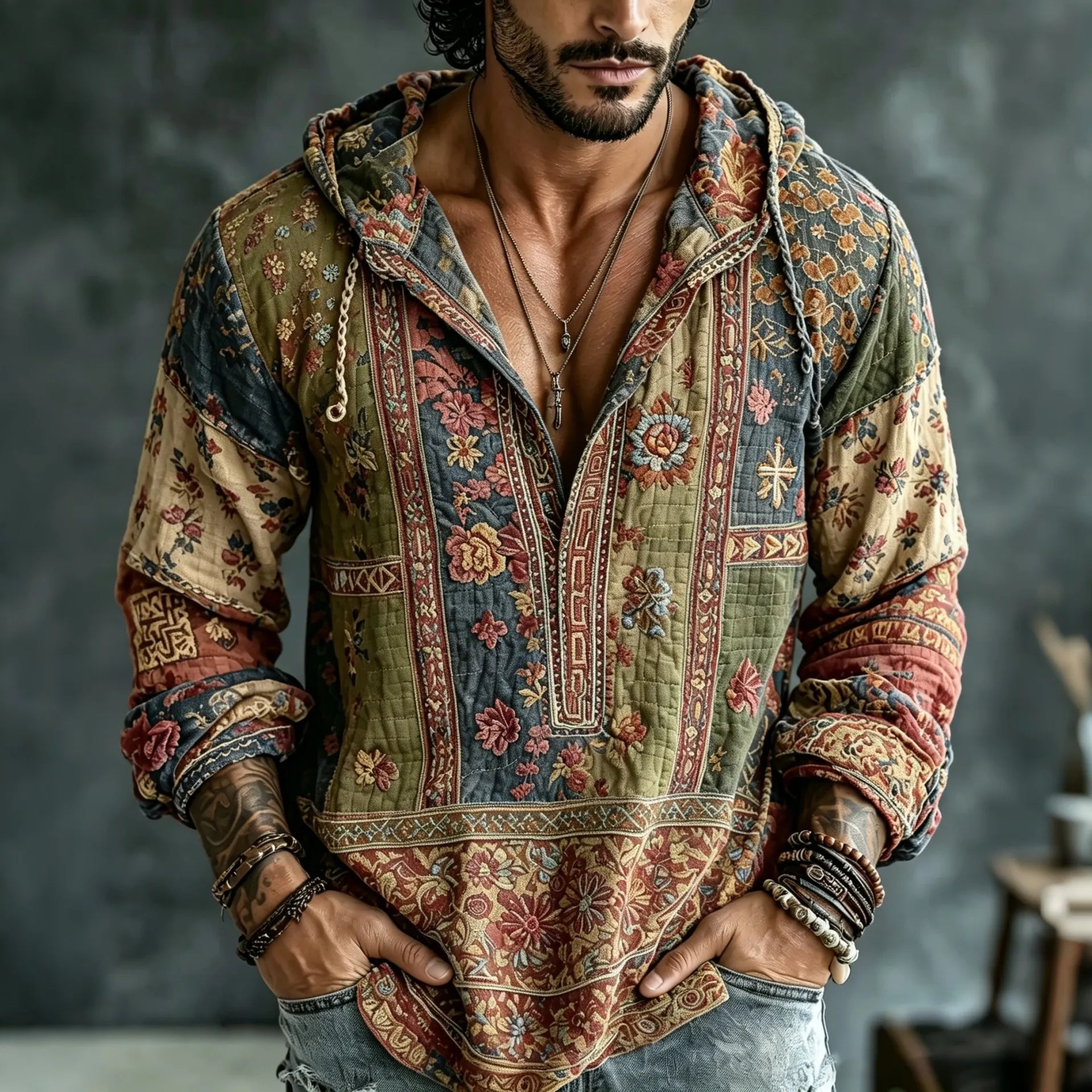 Men's Vintage Floral  Patchwork Embroidered Art Print Flowy Linen Blend Casual  Hooded Shirt