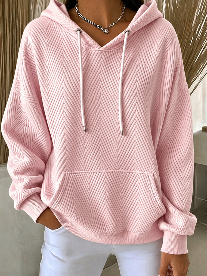 Women'S Casual Pink Textured Hooded Sweatshirt