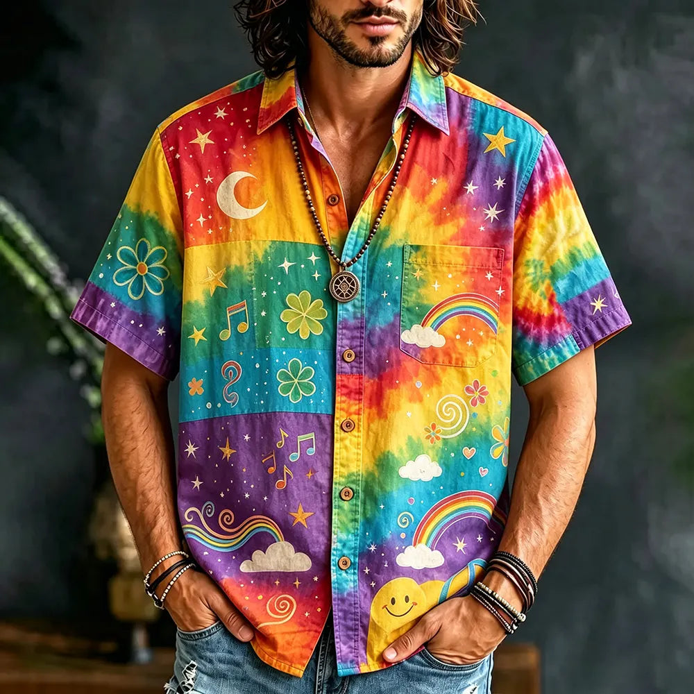 Men's Short-sleeve Button-down Shirt With Rainbow Tie-dye, Moon, Stars, Rainbows, And Music Notes