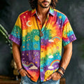 Men's Short-sleeve Button-down Shirt With Rainbow Tie-dye, Moon, Stars, Rainbows, And Music Notes