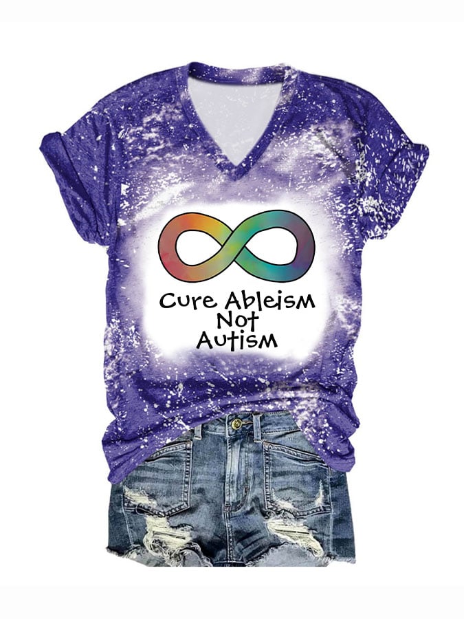 V-neck Autism Acceptance Cure Ableism Not Autism Print T-Shirt