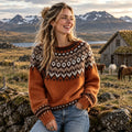 Women's Forest Motif Print Knitted Comfort Round Neck Sweater