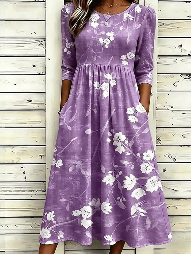 Women's Retro Floral Art Print Cotton Linen Casual Dress