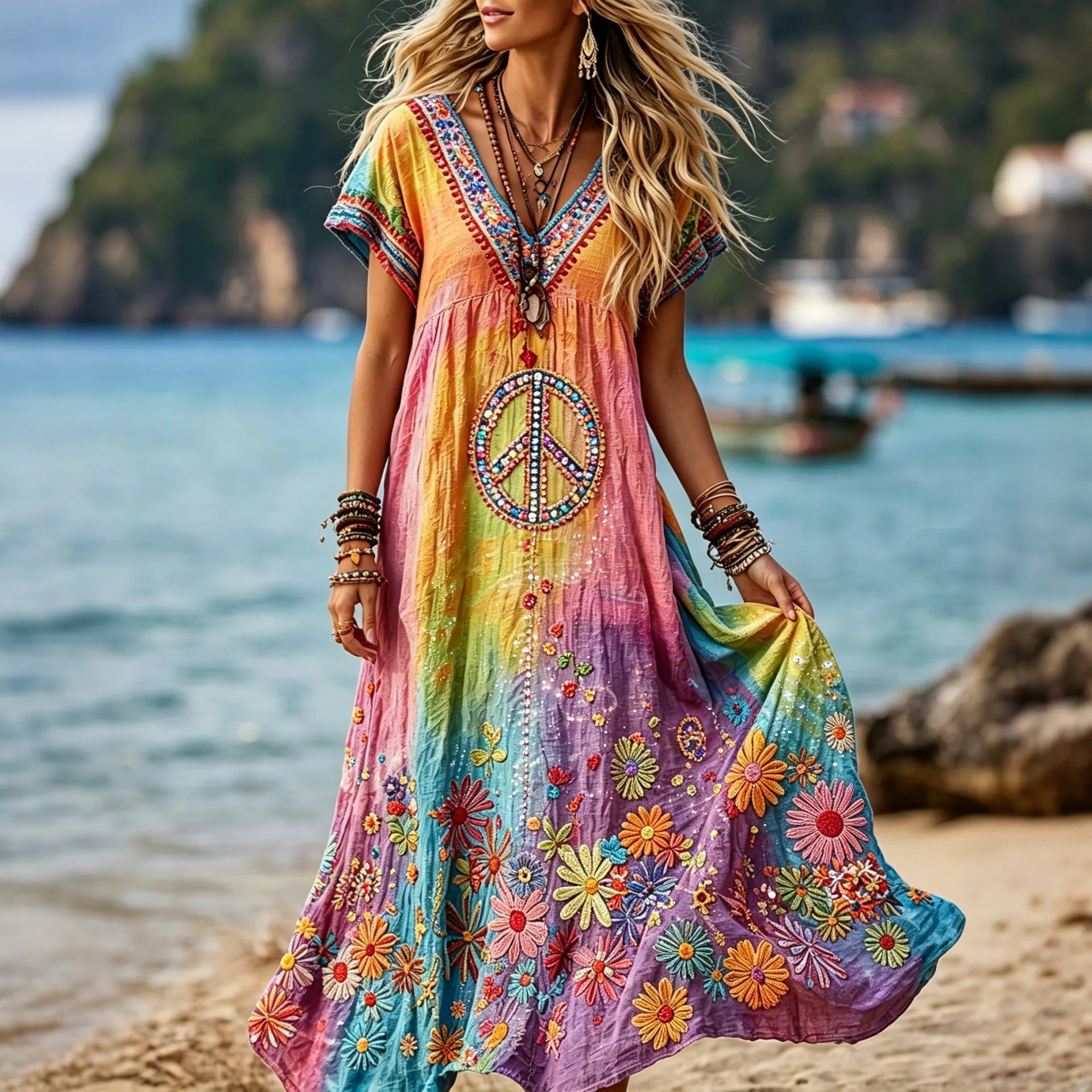 Women's Retro Hippie Peace Floral Embroidery Art V Neck Short Sleeve Linen Blend Maxi Dress
