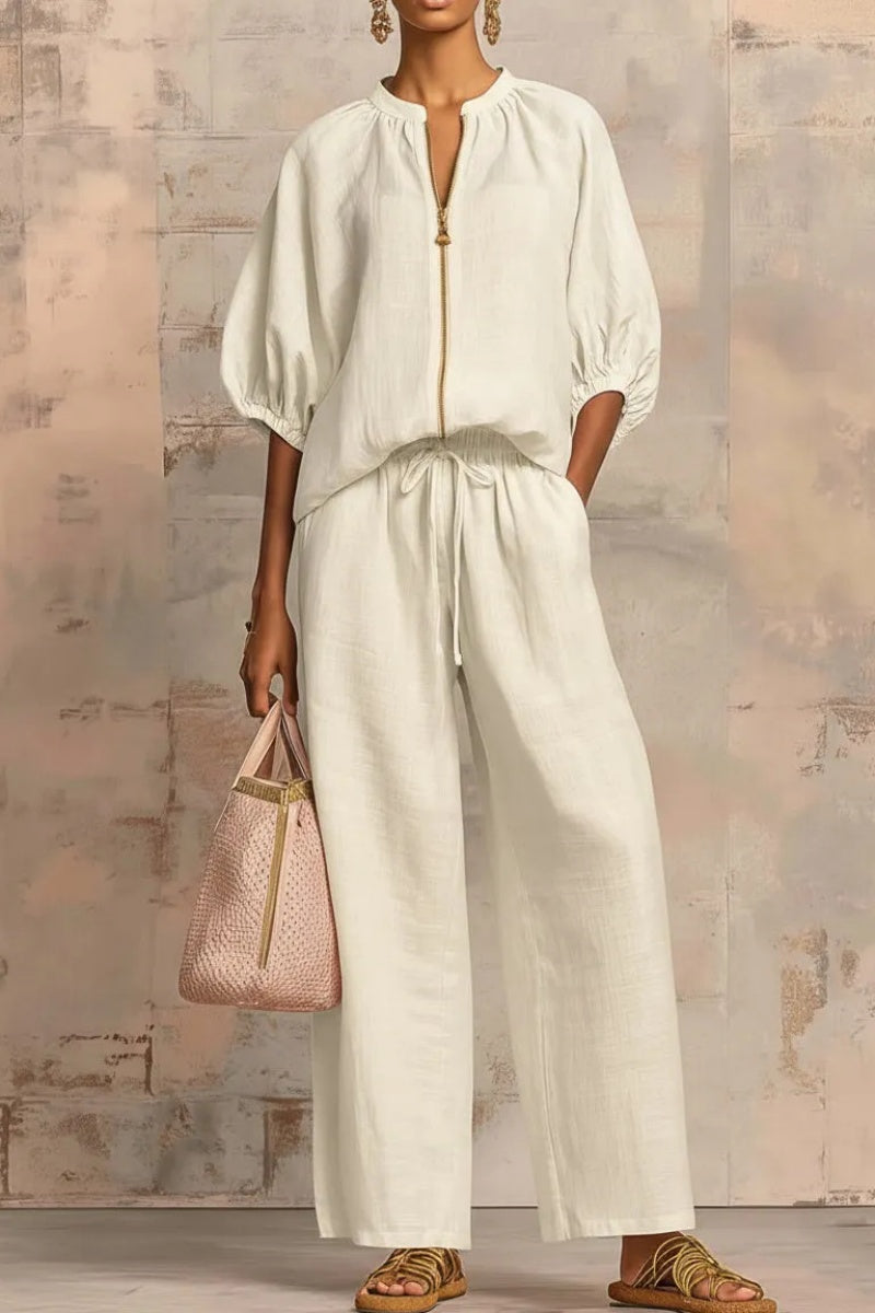 New Arrivals🔥 Stylish Cozy Zipper Shirt & Wide-Leg Pants Linen Cotton Two-Piece Set