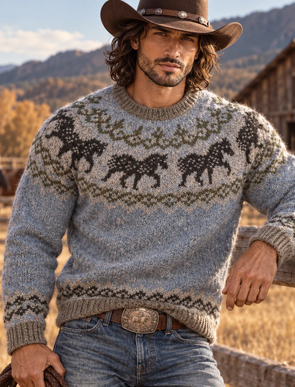 Women's Western Horse Motif Print Knitted Comfort Round Neck Sweater