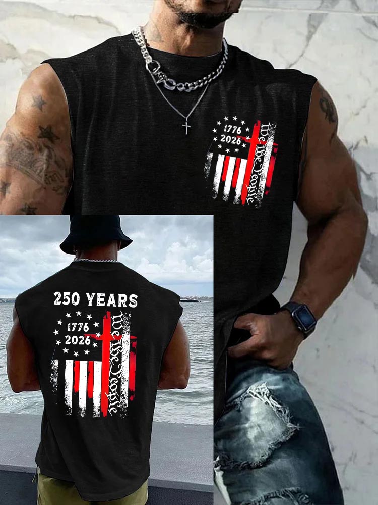 250Th Anniversary We The People Pattern Round Neck 100% Cotton Tank Top