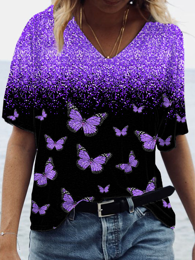 Women's Purple Butterfly Print V-Neck T-Shirt