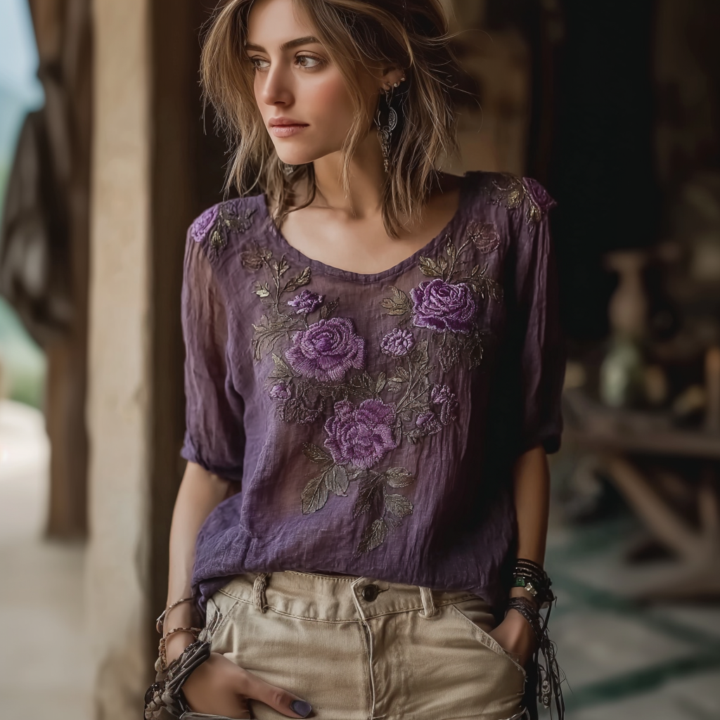 Bohemian Style Purple Rose Embroidery Pattern Linen T-shirt