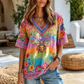 Women's Hippie Vintage Floral Tie Dye Cozy Linen Blend Top