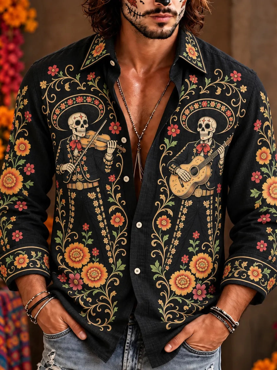 Men‘s Retro Mexico Day Of The Dead Sugar Floral Skull Printed Long-sleeved Shirt