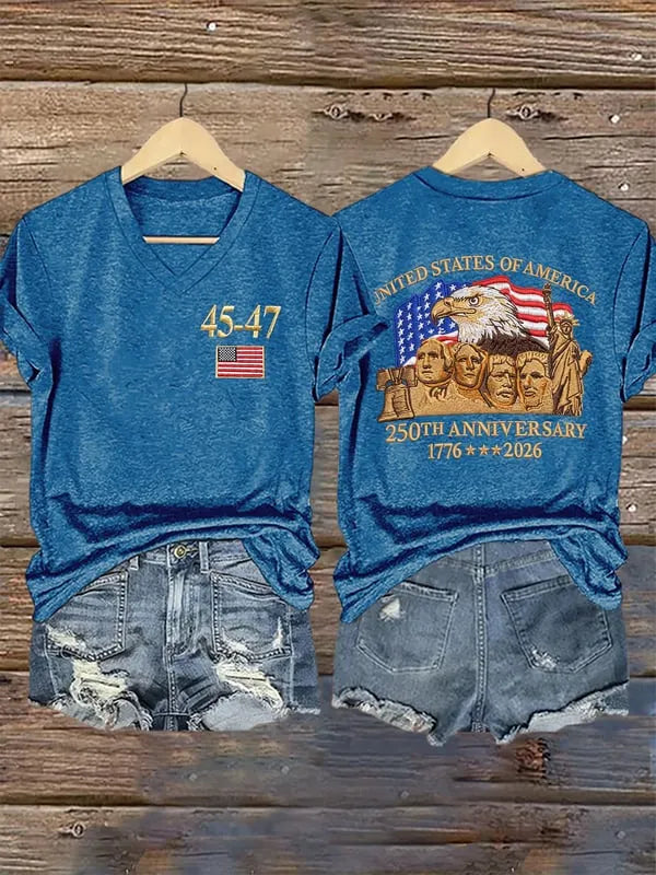 45-47 250th Anniversary 1776-2026 Pattern Print V Neck Casual T-Shirt